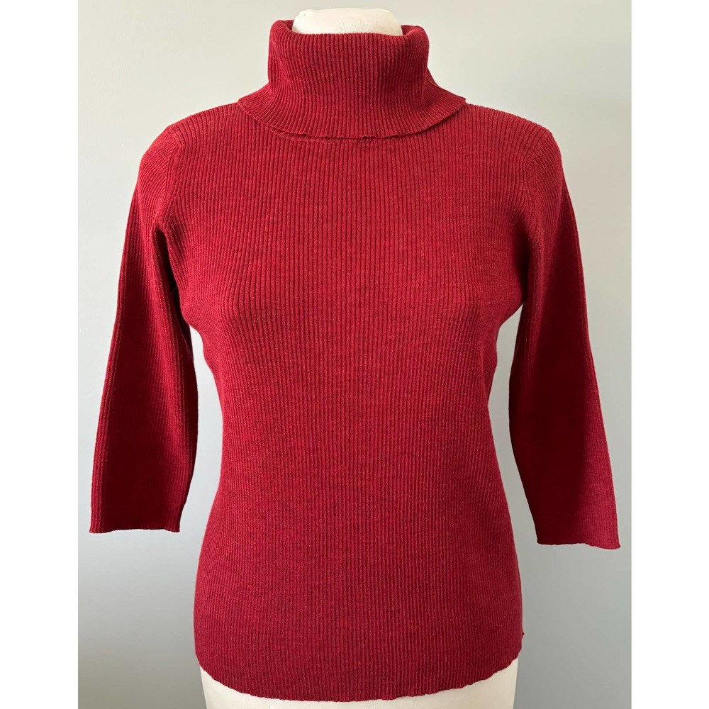 Eileen Fisher Red Maroon Zipper Turtleneck Italian Wool Large Rib Knit Sweater
